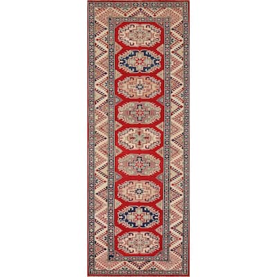 Red Geometric Kazak Oriental Runner Rug Hand-Knotted Wool Carpet - 2'8" x 9'4"