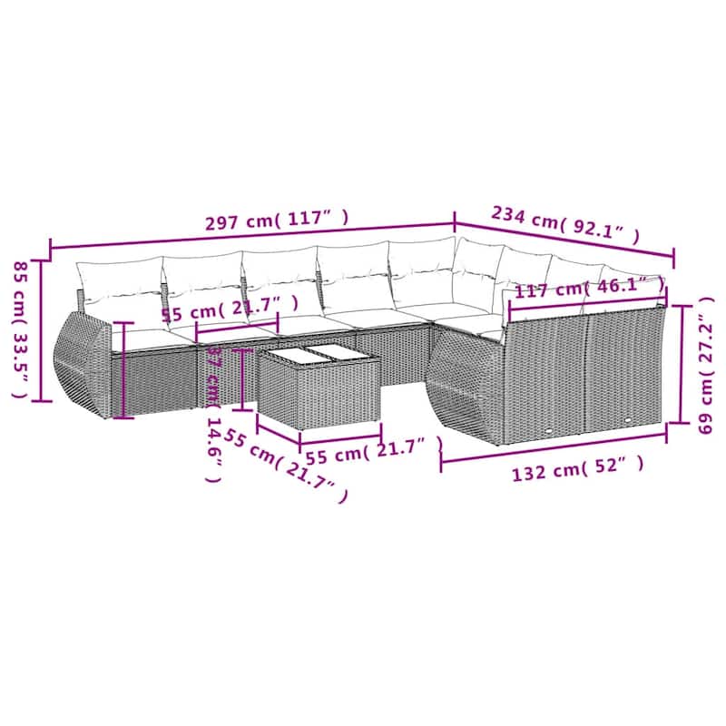 vidaXL 9/10 Piece Patio Sofa Set with Cushions Gray/Brown/Black Poly Rattan - 24.4" x 24.4" x 27.2"