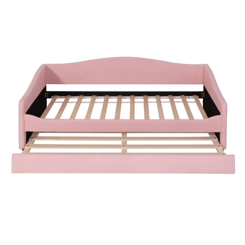 HomeRoots Pink Tufted Boucle Twin Day Bed With LED Lighting And Trundle And USB