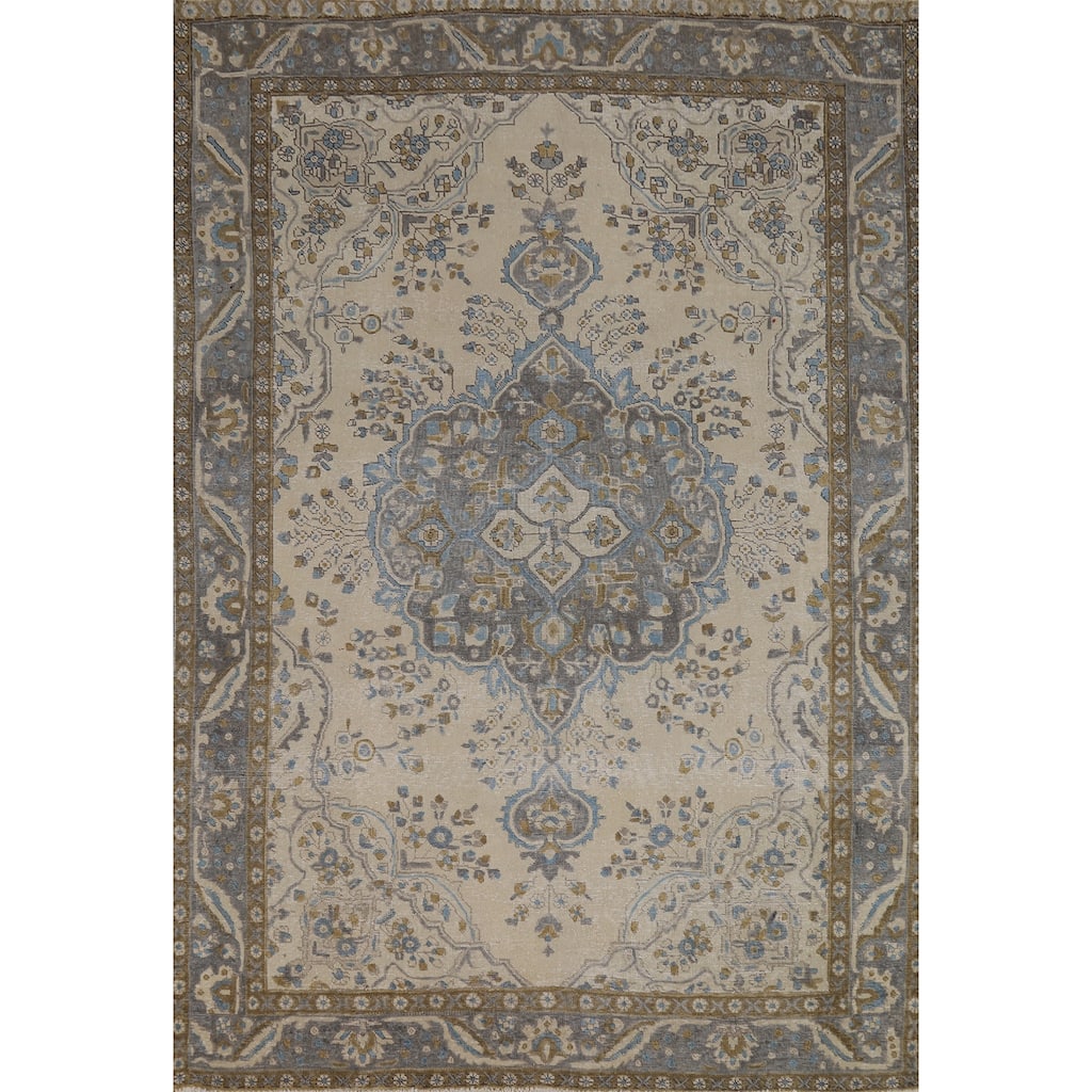 Tabriz Persian Area Rug Handmade Beige Wool Carpet - 6'7"x 9'8"