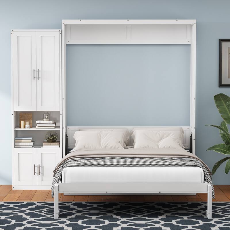 European Style Murphy Bed with Dual Piston System and Side Cabinet, Space-Saving Foldable Wall Bed Wood Bed Frame