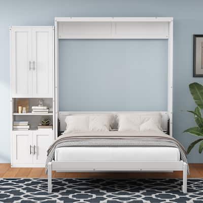 Queen Size Murphy Bed with Side Cabinet Shelf and Desk Combo