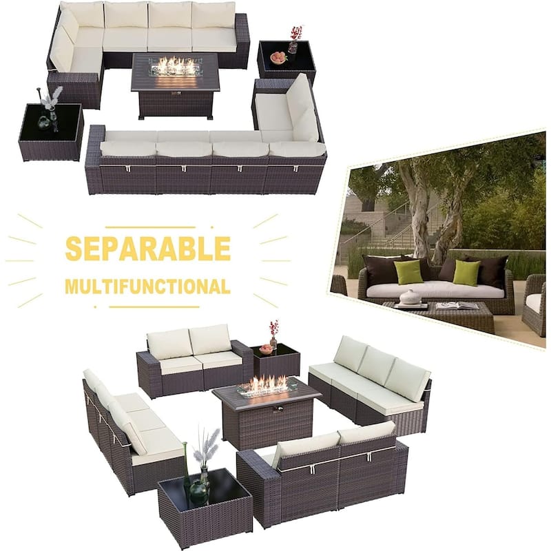 Delnavik 13 Pieces Outdoor Patio Furniture Set with Fire Pit Table w/ Wide Armrests