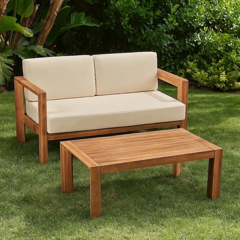Outdoor Loveseat and Coffee Table Set, Beige Fabric, Brown Acacia Wood