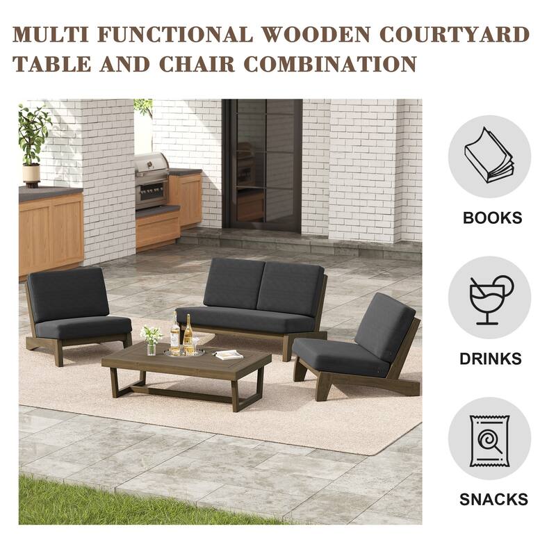 4 Set Outdoor Patio Teak Wood Club Chairs Loveseat with Cushion