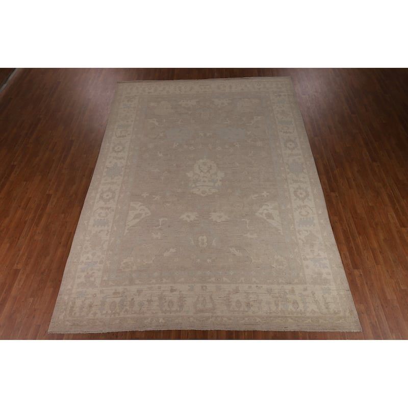 Vegetable Dye Oushak Turkish Large Area Rug Handmade Beige Wool Carpet - 9'9"x 13'6"