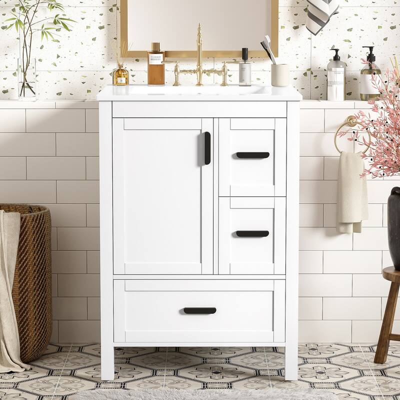 GDFStudio - Maple Modern Freestanding Bathroom Vanity with Ceramic Sink, Soft Close Door and Multi Drawer Storage - 24" - White
