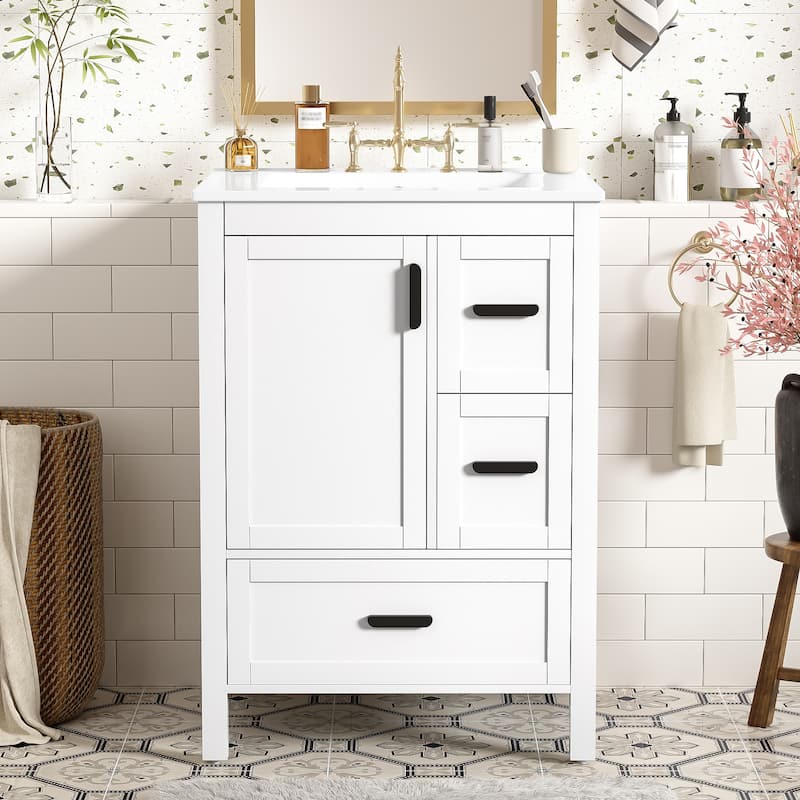 Modern 24-inch Bathroom Vanity with Ceramic Sink, Soft-Close Door, Double-Layer Door Shelf, and 3 Drawers