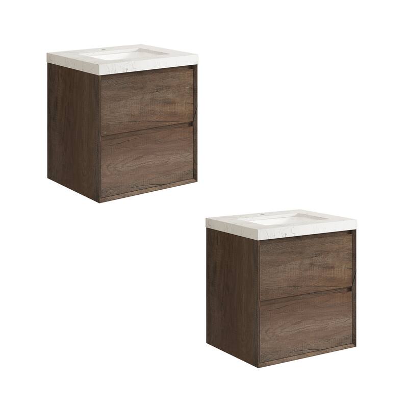 Sylphar 24 inch Bathroom Vanity with Sink, Floating Oak Cabinet with Stone Top - 2 Sets Of Antique Oak Vanities