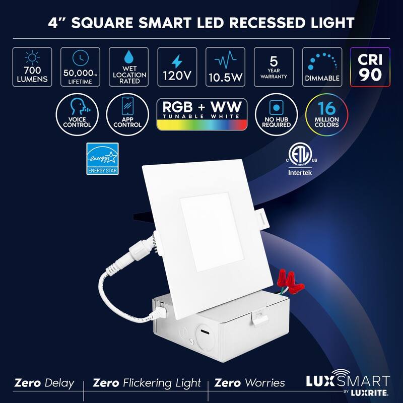 Luxrite 4 inch Square Smart LED Recessed Lighting, RGBW Color Changing, WiFi and Voice Control, Alexa and Google 4-Pack