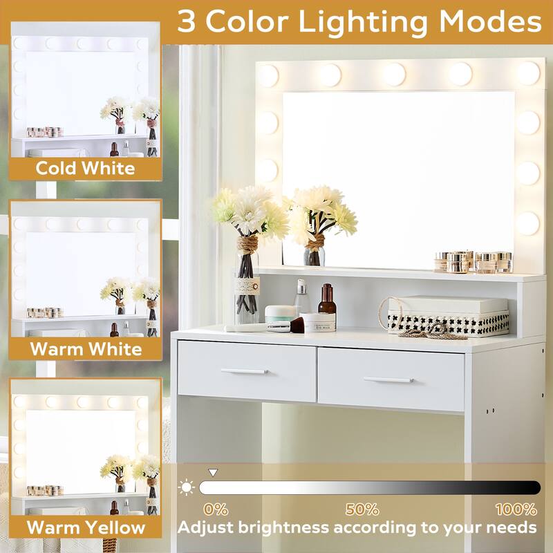 Small Vanity Table with 2 Drawers 3 Light Modes Makeup Mirror