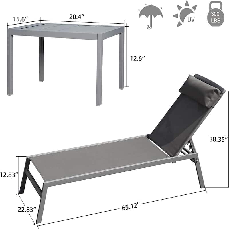 5 Adjustable Aluminum Outdoor 2 Chaise Lounge Chair with Pillow and 1 Table in Blue
