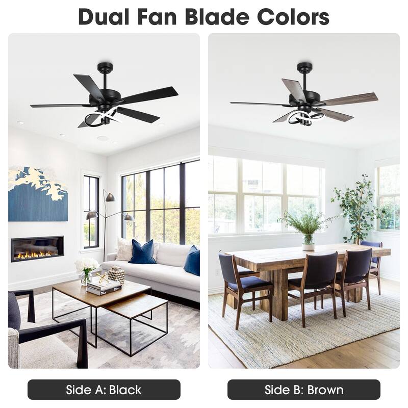 52" Matte Black Modern Ceiling Fan with LED Light and Remote