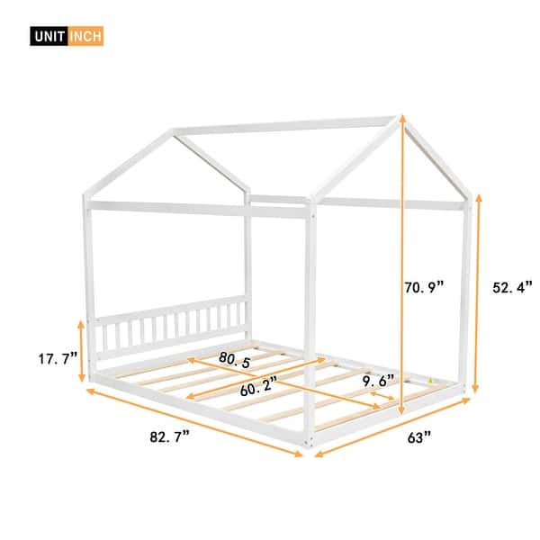 dimension image slide 1 of 2, Queen Size Wooden House Bed with Headboard