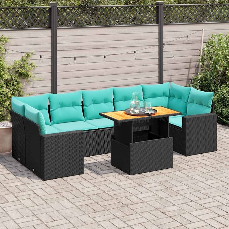 vidaXL 8 Piece Patio Sofa Set with Cushions Black Poly Rattan - 21.7 x 24.4 x 27.2