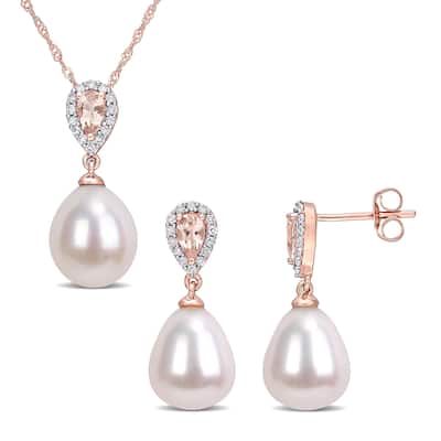Miadora 1/5ct TDW Diamond 3/4ct TGW Morganite Cultured Freshwater Pearl Jewelry Set 10k Rose Gold