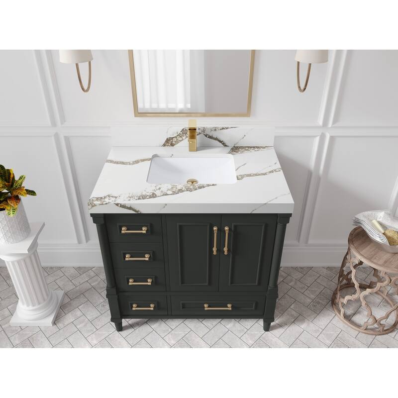 Willow Collections 36 in. W x 22 in. D Aberdeen Center Right Offset Sink Bathroom Vanity with Countertop - 2”Calacatta Gold - Black top