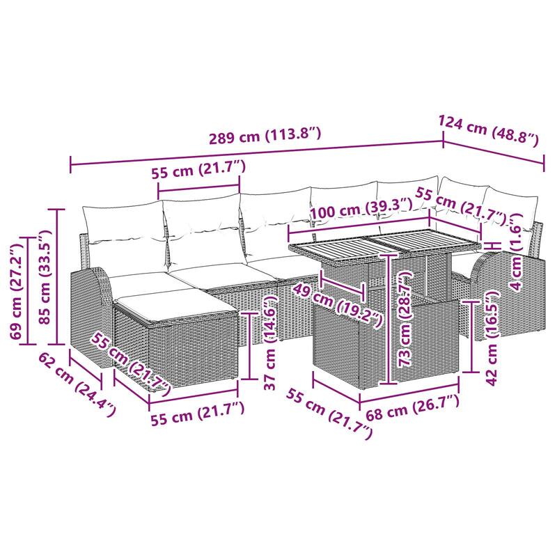 vidaXL 8 Piece Garden Sofa Set with Cushions - 113.8×48.8×27.2