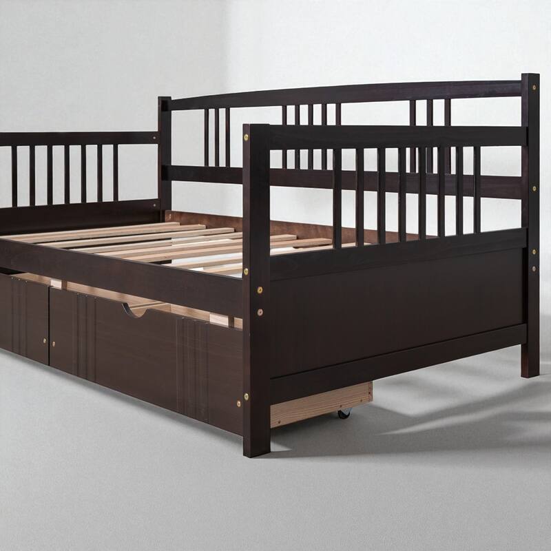Twin Size Wood Daybed with 2 Storage Drawers, Solid Pine Frame Platform Sofa Bed with Slats