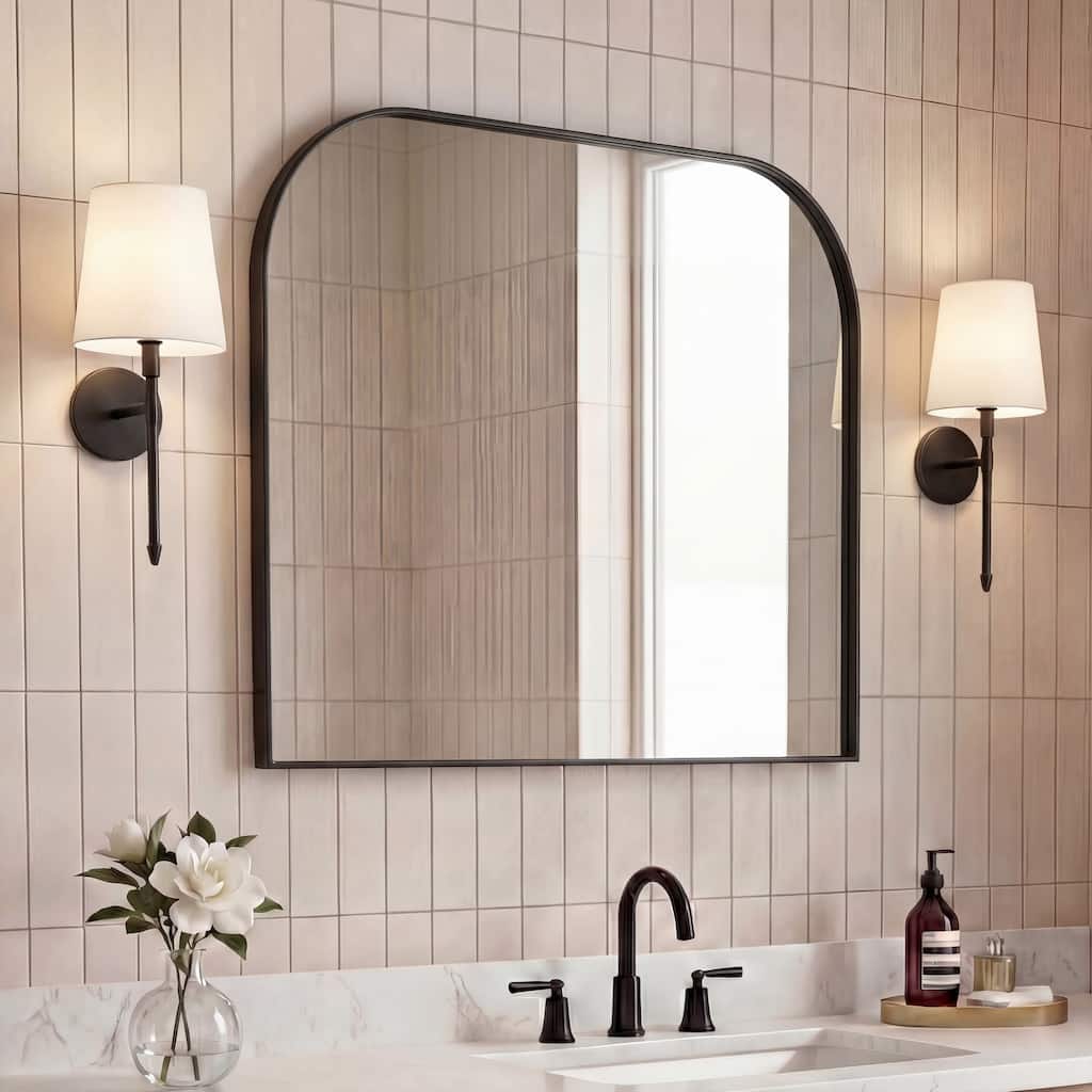 JONATHAN Y Aveline Large Top Arched Rectangular Metal Framed Wall Mounted Mirror - 32 H x 38 W x 1.11 D