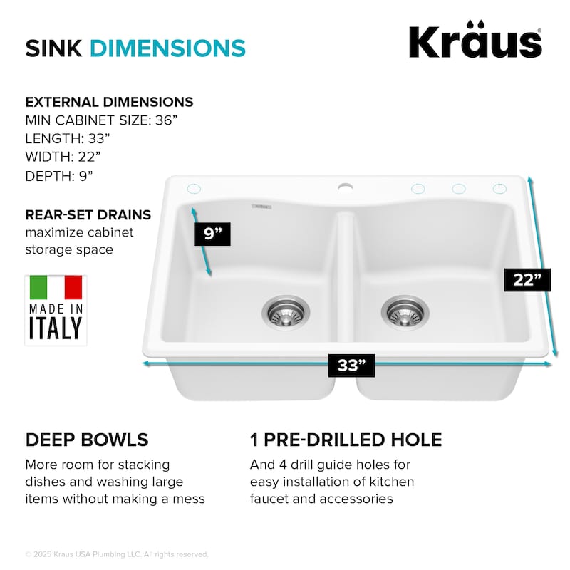 KRAUS Forteza Granite 33 inch 50/50 Undermount Drop-in Kitchen Sink