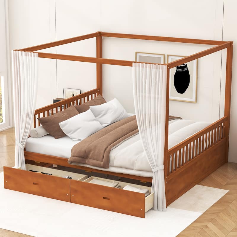 GDFStudio - Modern Wooden Canopy Bed with Storage Drawers