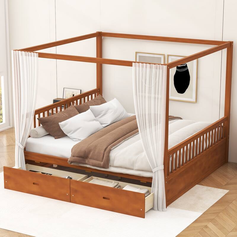 Roomfitters Queen/King Wooden Canopy Bed with 2 Storage Drawers, Solid Wood Frame, Walnut