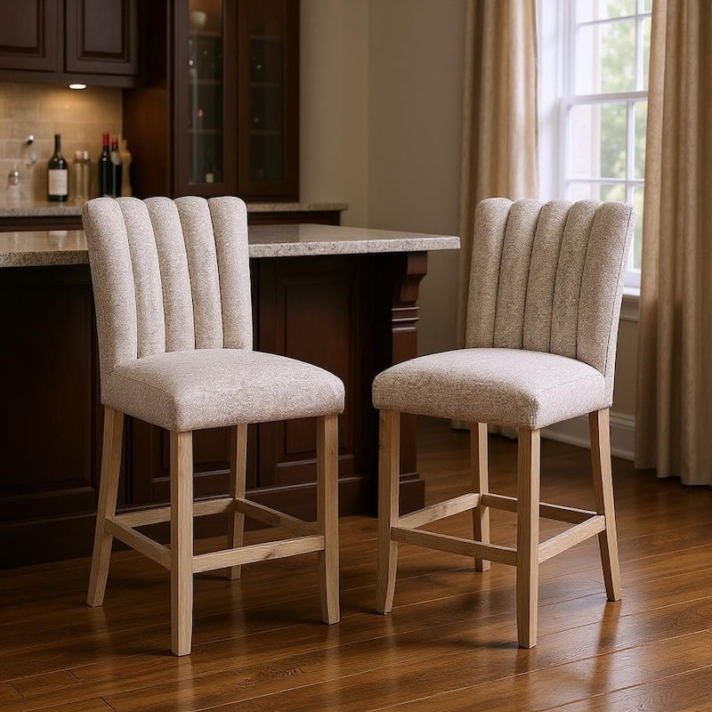 HomeRoots Set of Two 26" Beige and Natural Fabric and Wood Bar Height Bar Chairs - Counter Height - Beige - Set of 2
