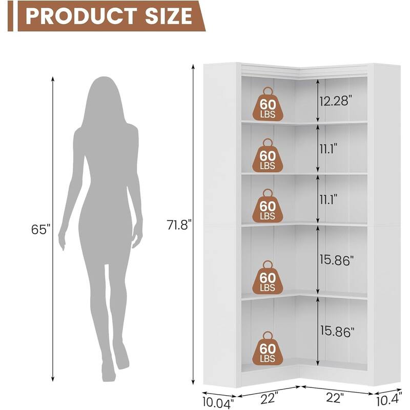 Industrial L Shaped Corner Bookshelf with Open Shelves - N/A