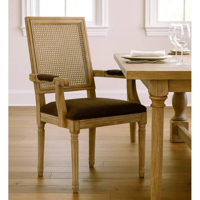 Amme Dining Chair Set of 2, Cane Backrest, Rubberwood, Brown Polyester