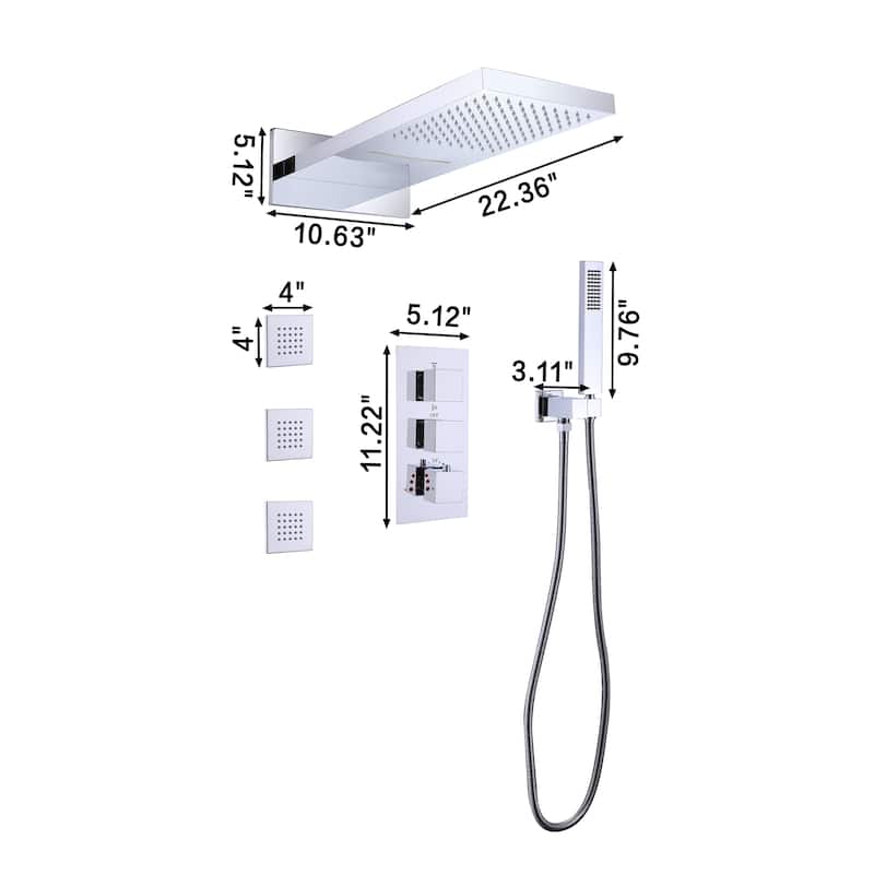 High-pressure Square Thermostatic Rainfall Shower System with HandheldShower & 3 Massaging Jets