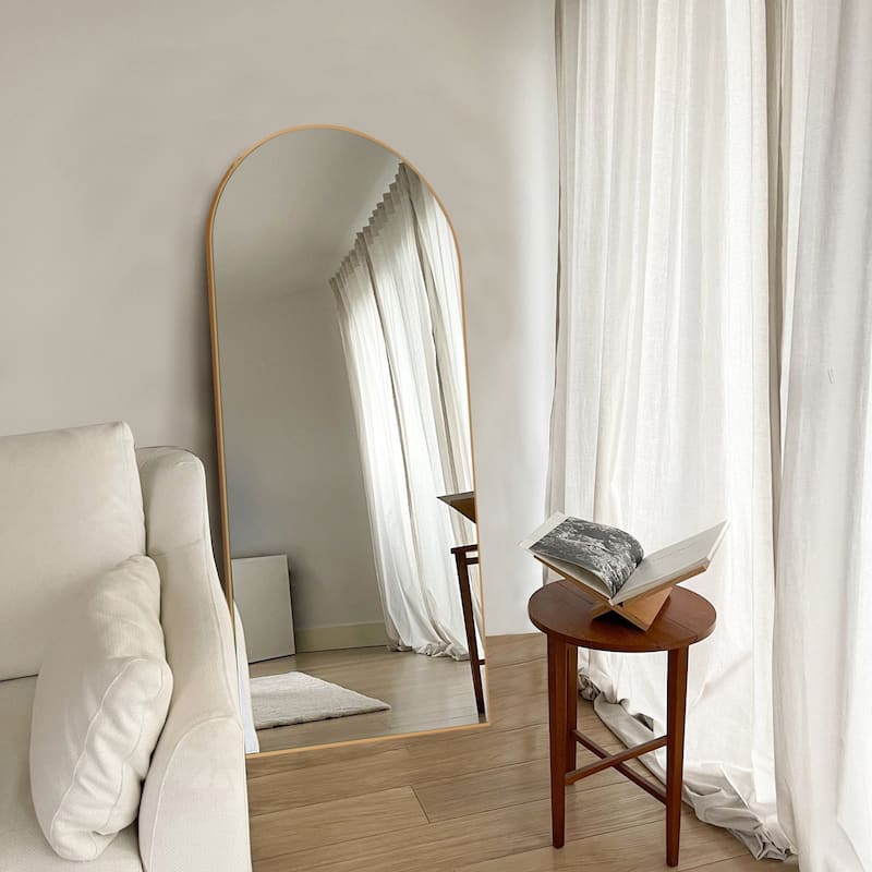 Arched Floor Mirror With Stand,Wood Frame Full Length Mirror,Wall-Mounted Mirror