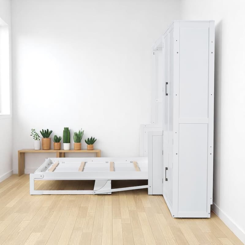 Queen Murphy Wall Bed with Side Folding, Closet Storage & Hydraulic Lift