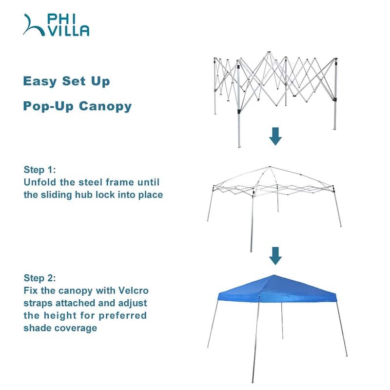 PHI VILLA 12' x 12' Slant Leg Pop-up Canopy, 81 Sq. Ft of Shade, Instant Folding Canopy, Blue - 12x12ft
