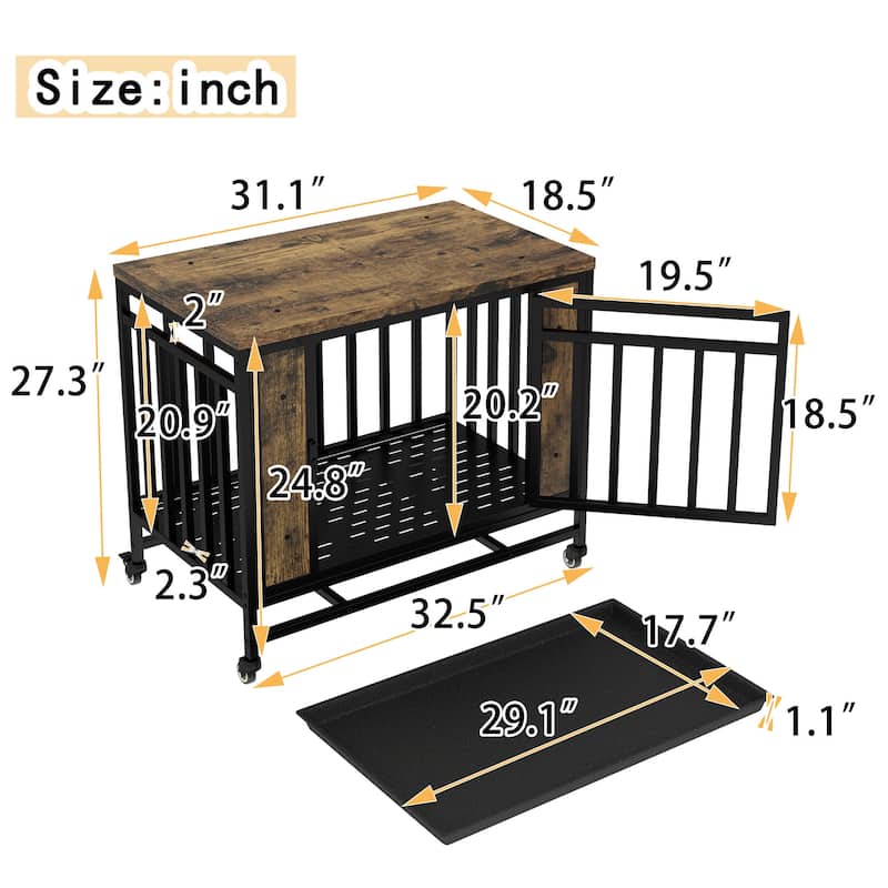 GDFStudio - Kary Wooden Dog Crate Furniture with Iron Door and Tray for Medium/Small Dogs