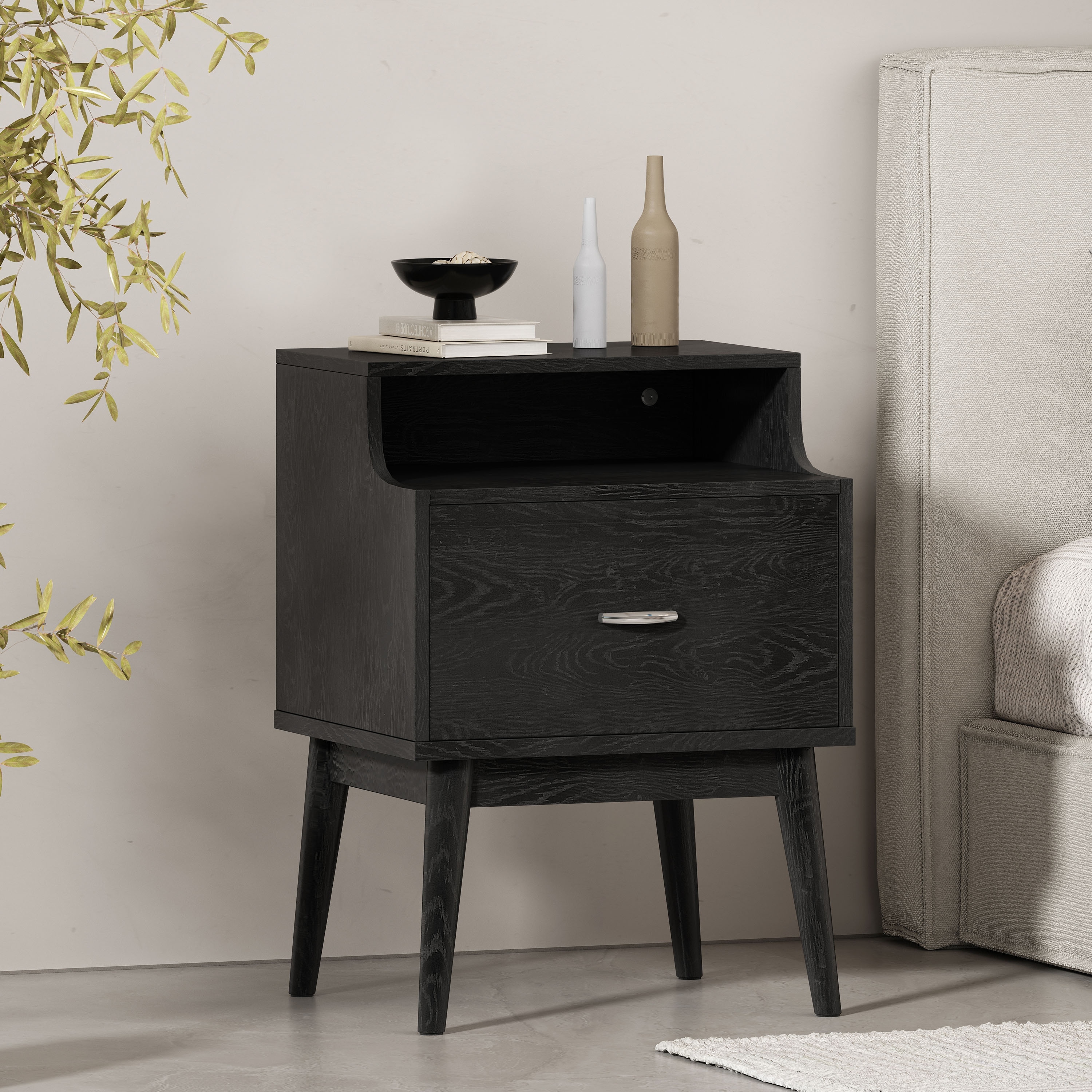 Black nightstand with silver handles discount