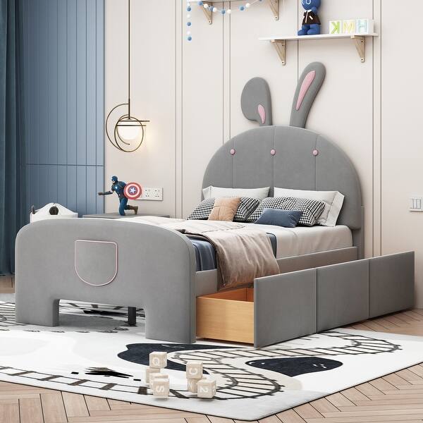 slide 2 of 12, Velvet Rabbit-Shaped Twin Size Platform Bed with Drawers and Bed-End Storage Pocket Grey
