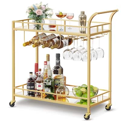 Home Bar Cart with 2 Mirrored Shelves, Wine Holders, and Glass Holders