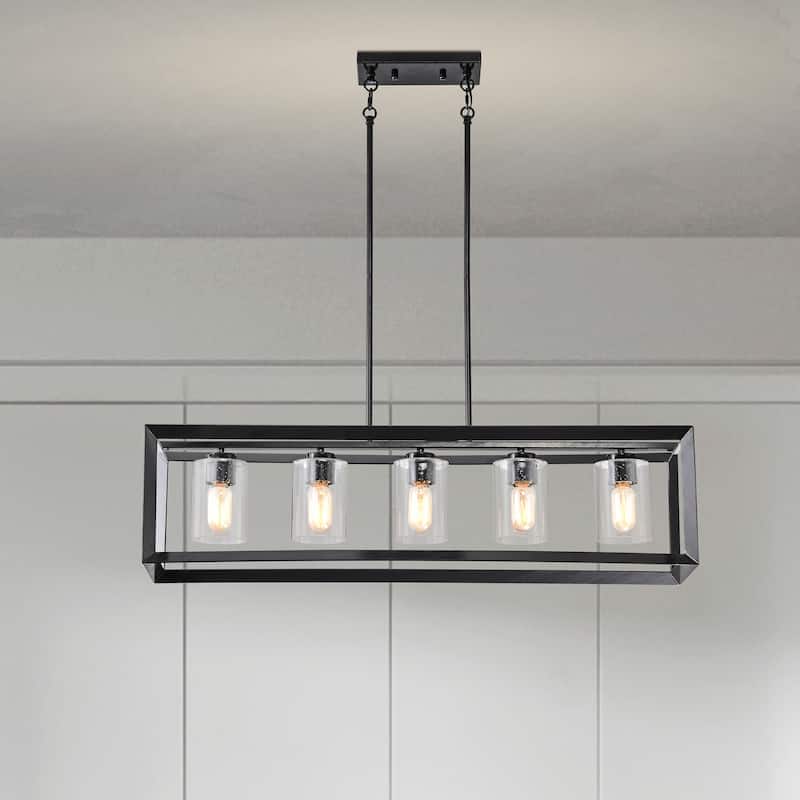 Antique Black 5-Light Rectangular Kitchen Island Chandelier with Seedy Glass Shades