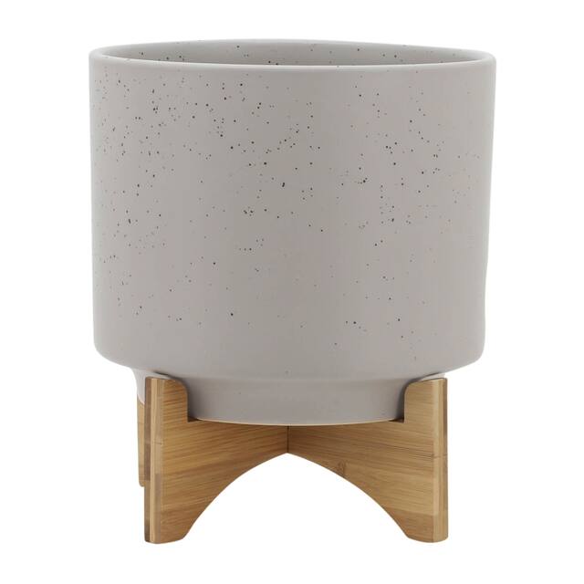 10" Planter with Wood Stand, Matte Beige 12.0"H - 10.0" x 10.0" x 12.0" - Multi - 10.0" x 10.0" x 12.0"