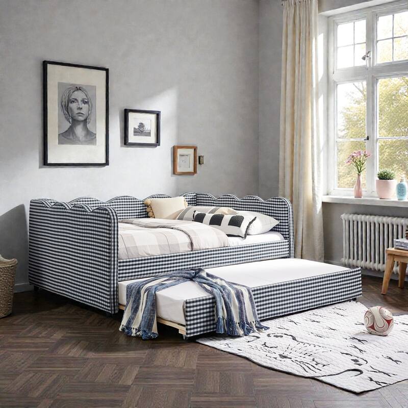 Full Size Gingham Daybed with Twin Trundle, Linen Sofa Bed with USB Port and Wave Shaped Design