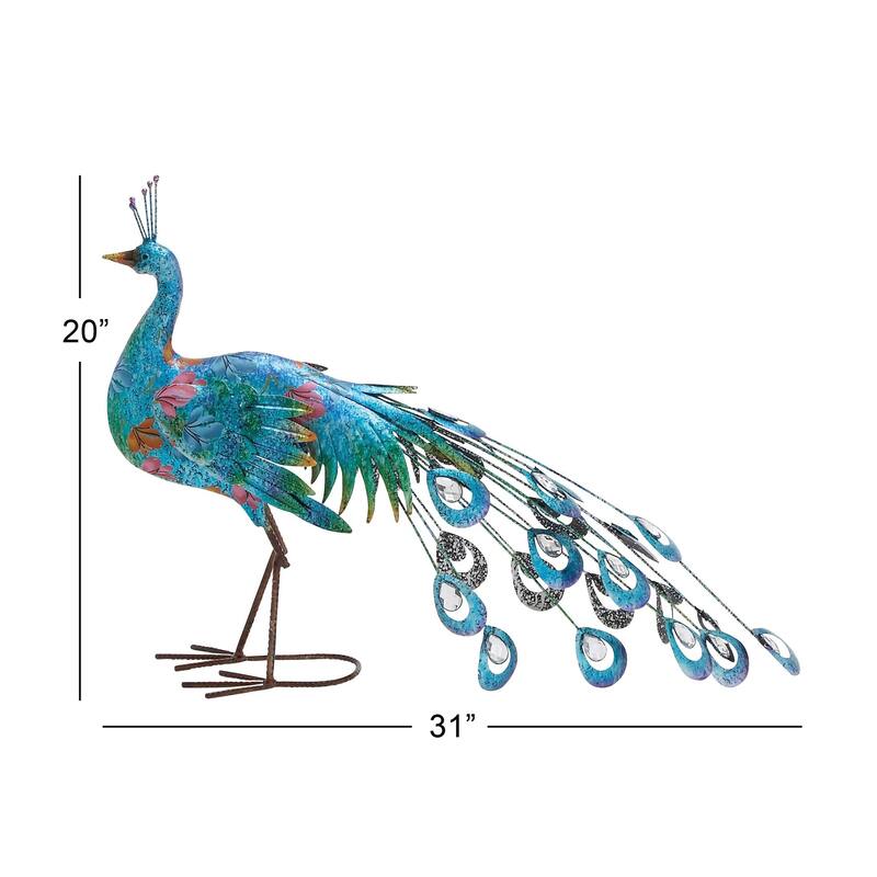 Teal Metal Indoor Outdoor Peacock Decorative Garden Sculpture with Crystal Accents