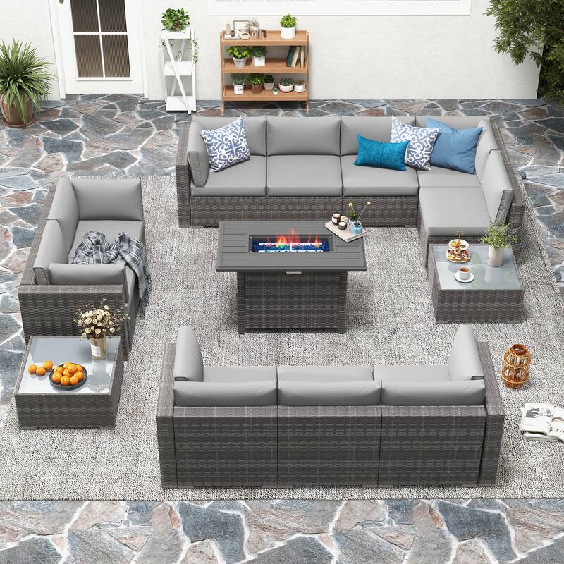 13 Piece Wicker Set Patio Sofa Furniture with Fire Pit And Table - Light Grey