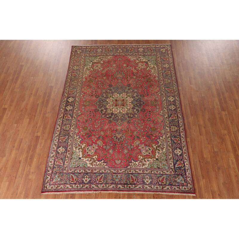 Tabriz Persian Vintage Area Rug Hand-Knotted Pink Wool Carpet - 6'8"x 9'7"