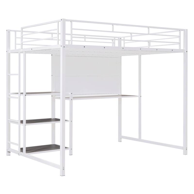 Metal Loft Bed with Desk, Whiteboard, Shelves, and Ladder