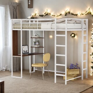 Twin Metal Loft Bed with 2 Shelves, 2 built-in ladders and Desk, White