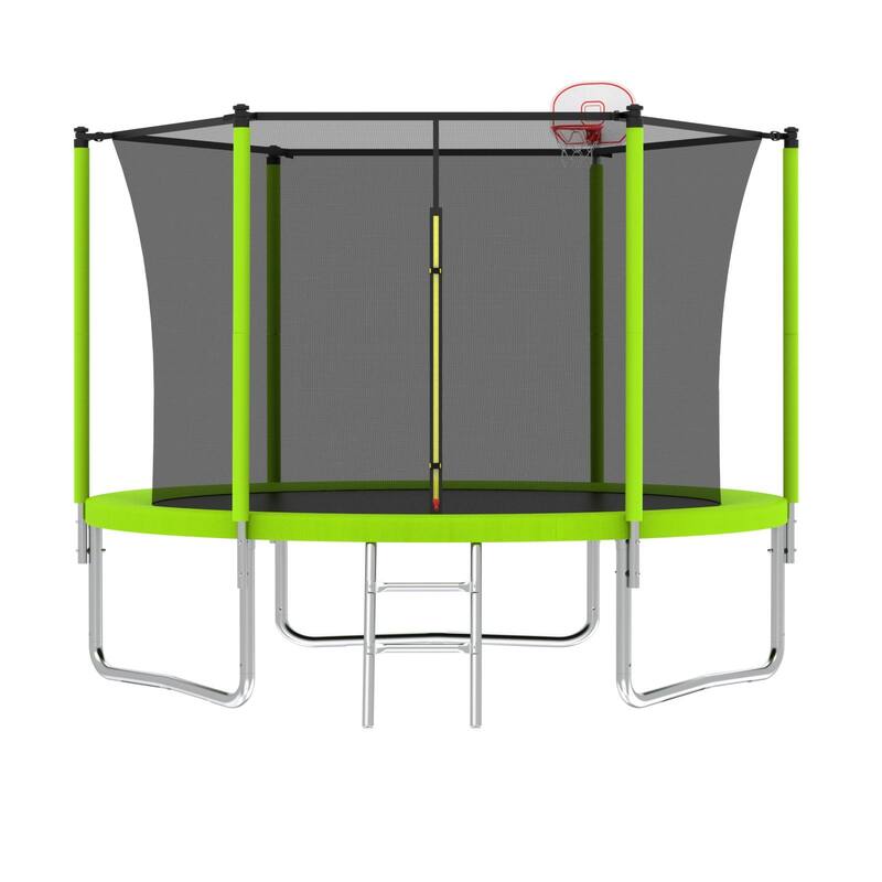 10FT Trampoline for Kids, Basketball Hoop and Ladder, Outdoor Kids Trampoline with Safety Enclosure, Fast Assembly - Green