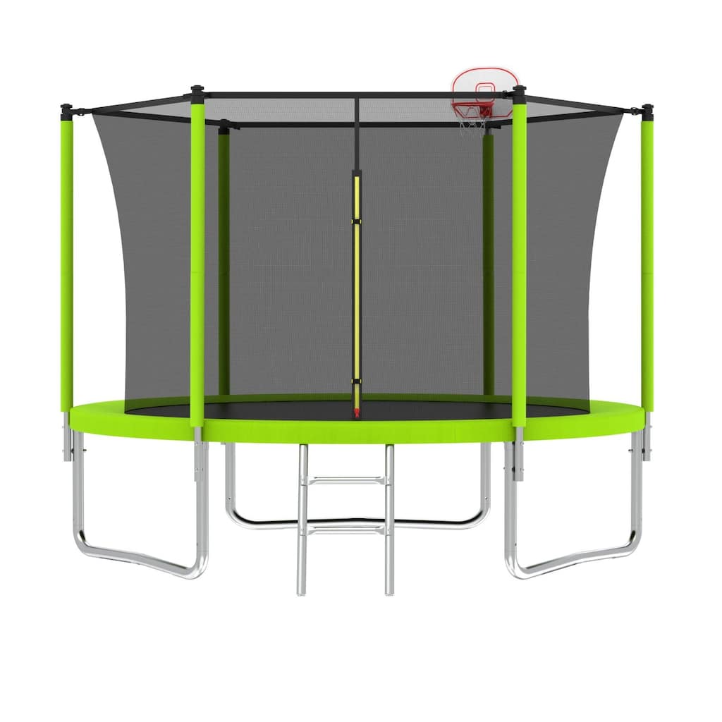 10FT Trampoline for Kids, Basketball Hoop and Ladder, Outdoor Kids Trampoline with Safety Enclosure for Backyard Fun