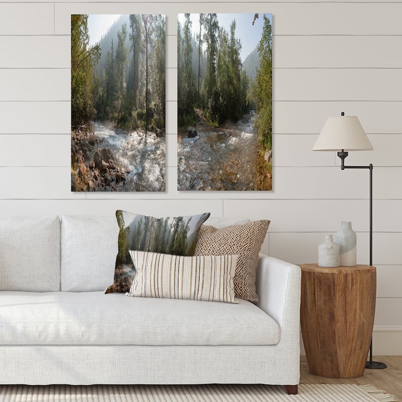 Designart "Mountain River Panorama" Landscape Canvas Wall Art Print 2 Piece Set - 20" W x 40" H x 1" D x 2 Pieces