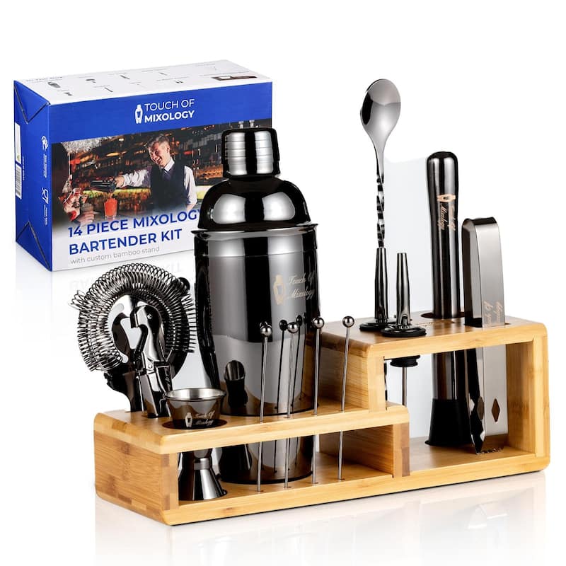 14 Piece Dark Metallic Mixology Bartender Kit with Bamboo Stand N/A